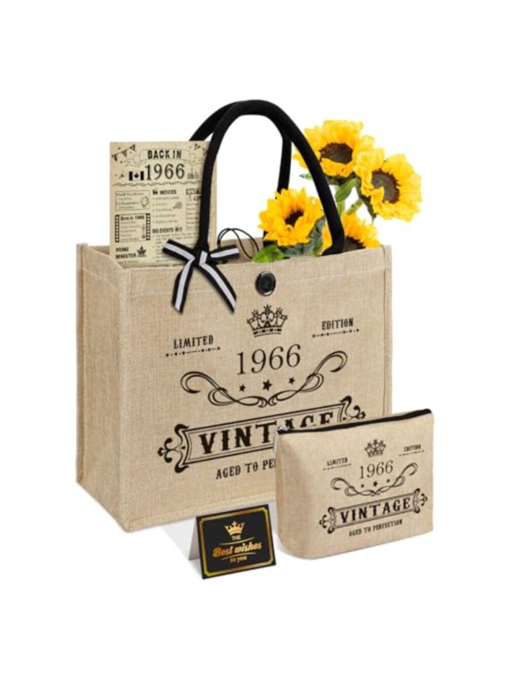 60th Birthday Gift Set Women 1966 Jute Tote Bag Cosmetic Bag Poster